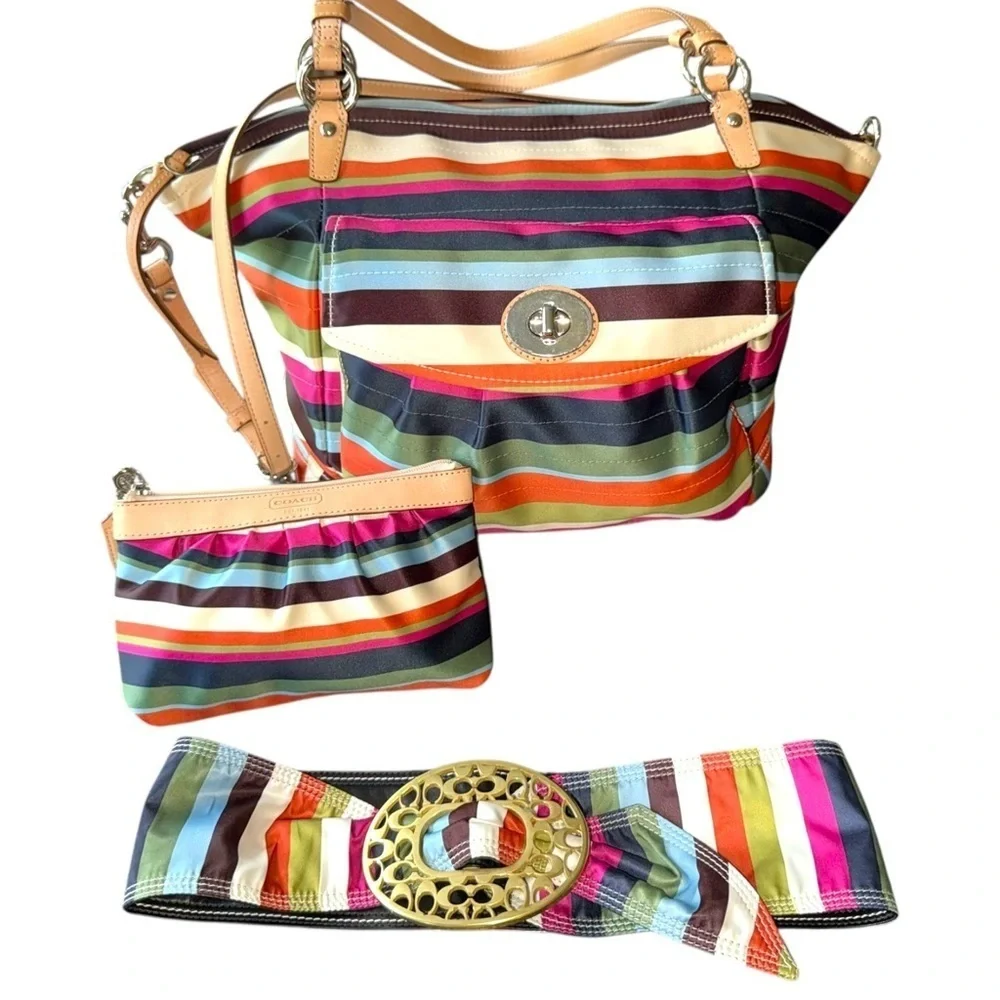 Rare Coach Legacy Stripe Leah Large Tote Purse & Matching Wristlet